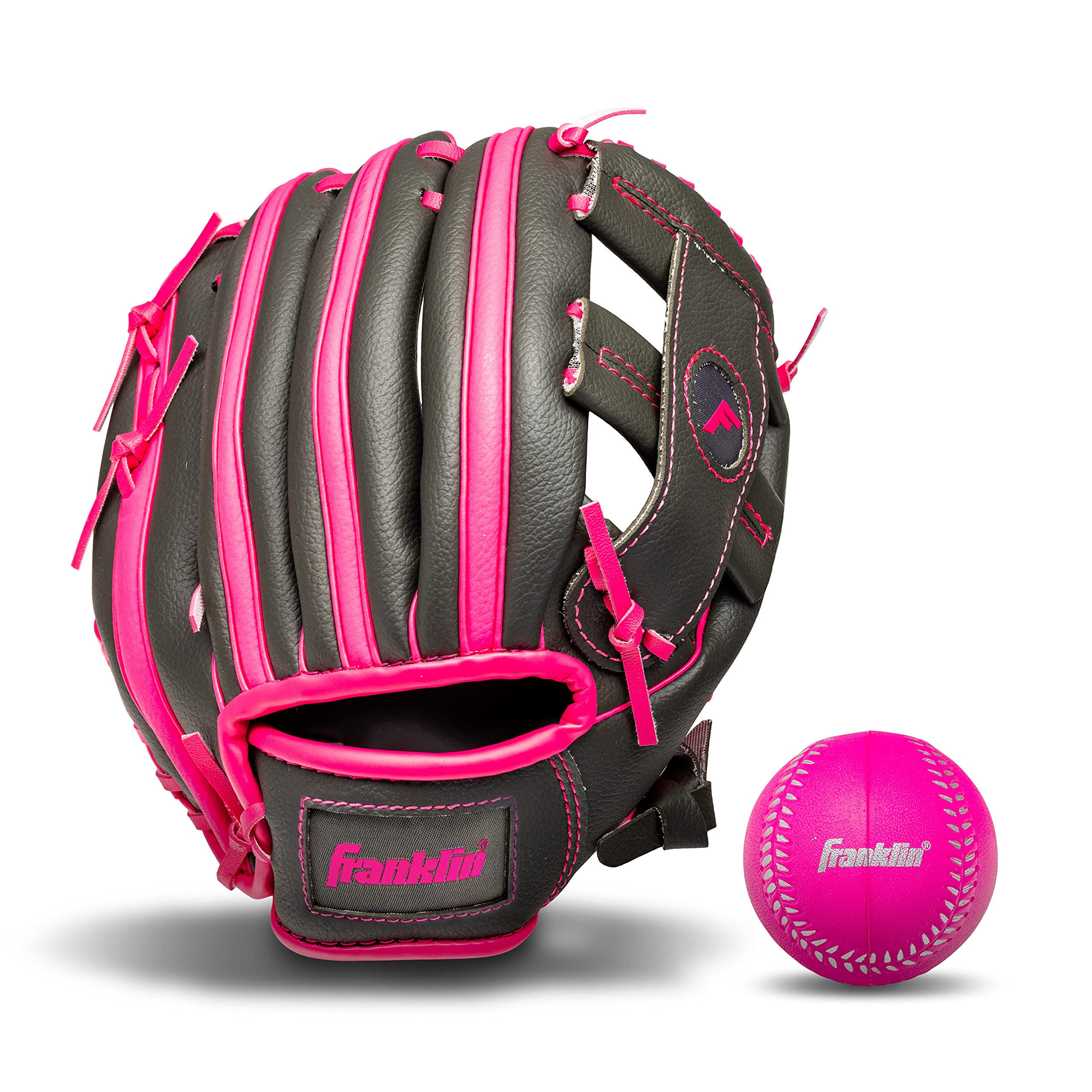 Photo 1 of **GLOVE ONLY** Franklin Sports unisex youth Right Handed Thrower Kids Baseball Gloves RTP Child s Tball Ball Set Boys Girls Teeball Mit, Graphite/Pink, 9.5 US
