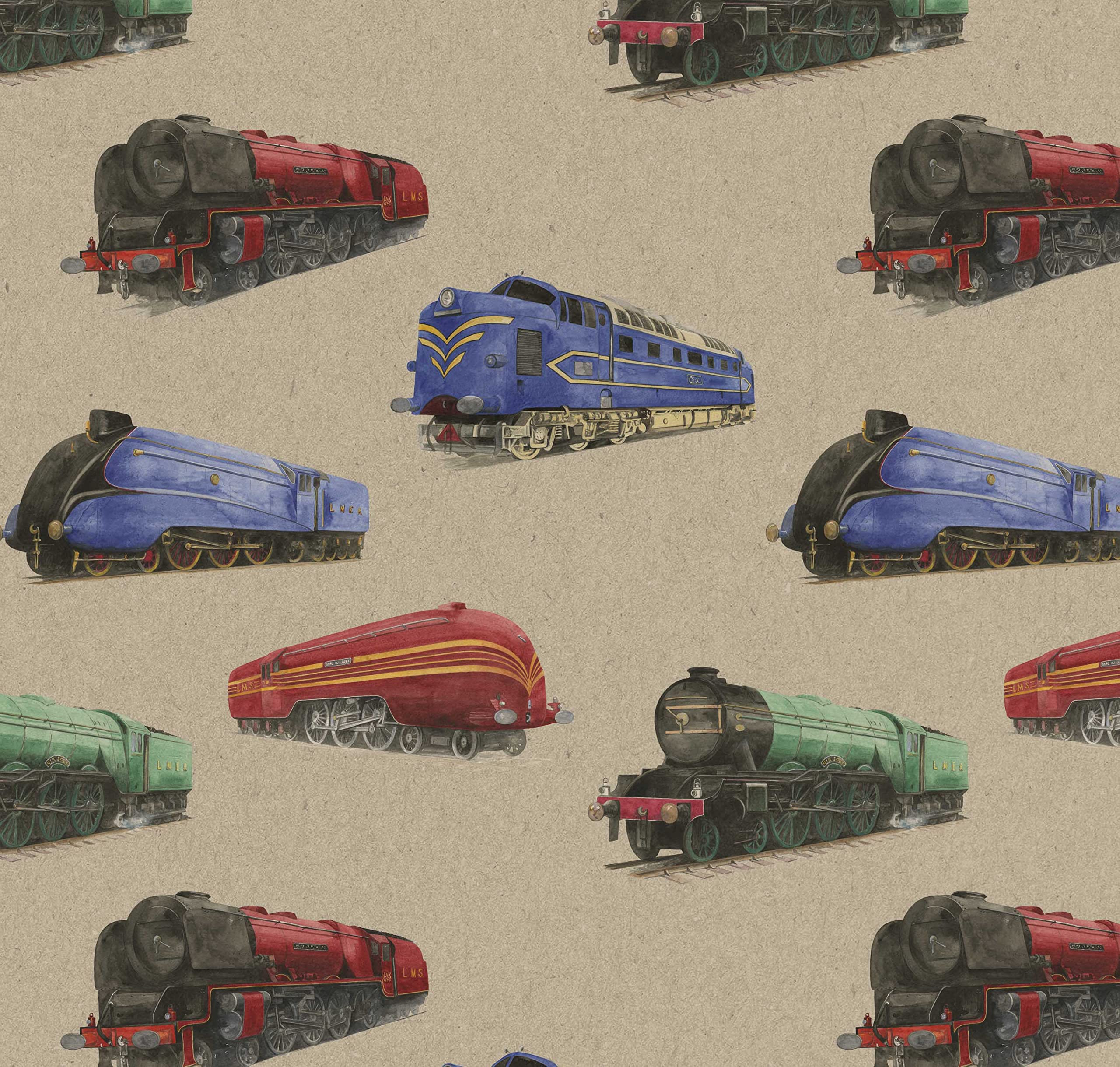 Train Steam Engine Locomotive Kraft Effect Recycled and Recyclable Gift Wrapping Paper with "1st Class " gift tags - 2 sheets 2 tags - Birthday - Christmas - Father's Day