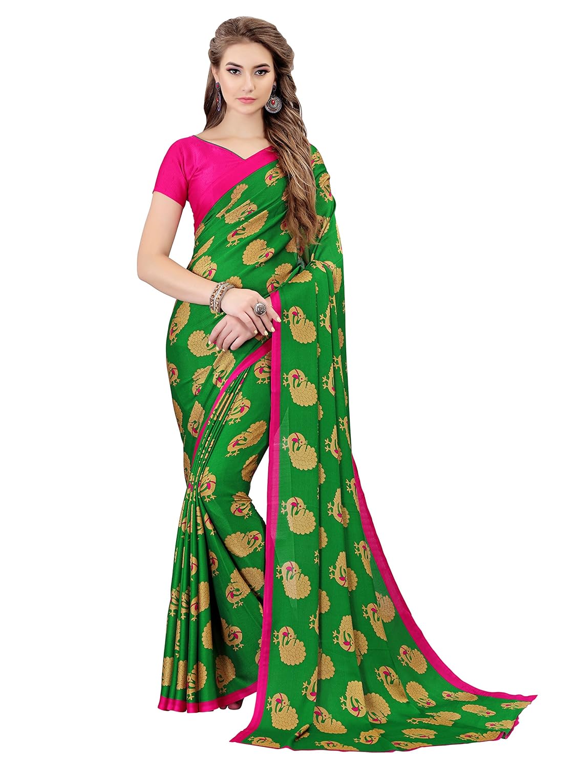 indira designer crepe saree with blouse piece (twin-jannu-green_green_free size)
