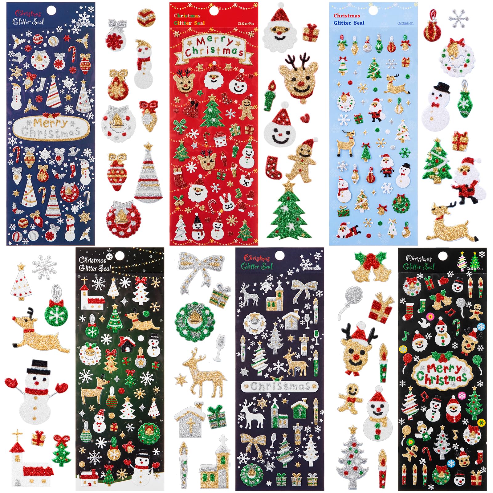 Naler 6 Sheets Christmas Stickers Collection Sparkly Reusable Stickers for Kids Cards Crafts Self Adhesive Stickers for Christmas Decorations Xmas Party Supplies