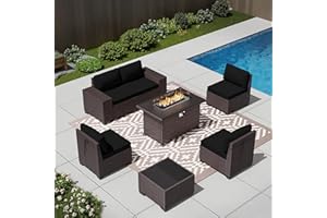 RTDTD Outdoor Patio Furniture Set with Propane Fire Pit Table, 7 Pieces Outdoor Furniture Patio Sectional Sofa Conversation Sets w/ETL Approved 43" Gas Outdoor Fire Table & Coffee Table (BLACK)