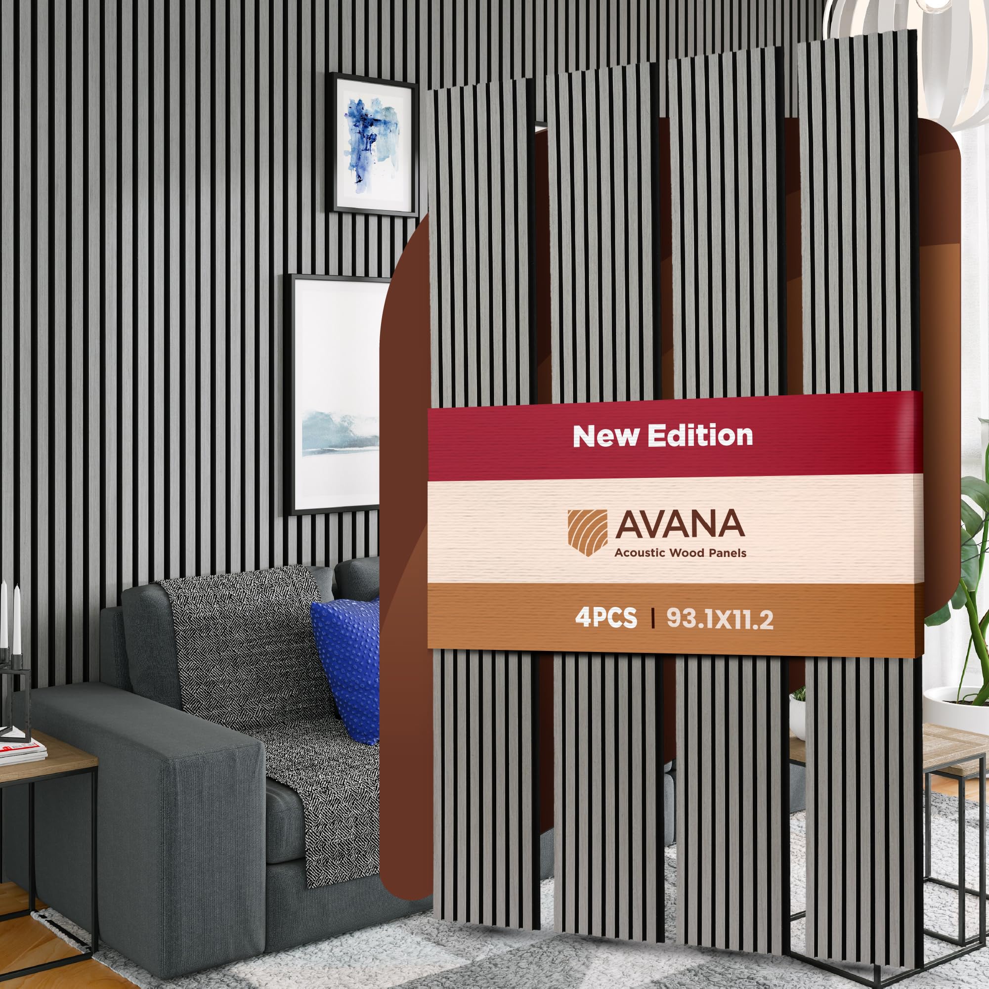 Photo 1 of ***FACTORY SEALED - OPENED FOR INSPECTION***    ***TRUCK/TRAILER PICKUP ONLY***   Avana Acoustic Wood Wall Panels – 93.2x11.25 Inch Panels – Fits 94x12 Layout – Gray Oak Acoustic Panels 4 PCs – Wall Panels for Interior Wall Decor for Homes, Offices – Desi