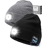 Bluetooth Beanie Hat with Light for Men 2 Pack, Rechargeable LED Beanie with Light, Headlamp Cap Wireless Headphones Built-in Speaker Mic for Teens Stocking Stuffers for Men(Back+Grey)