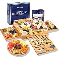 VAREZZA Bamboo Cheese Board and Knife Set Extra Large Charcuterie Board Set - Serving Board, Side Cheese Tray, Round Bamboo F