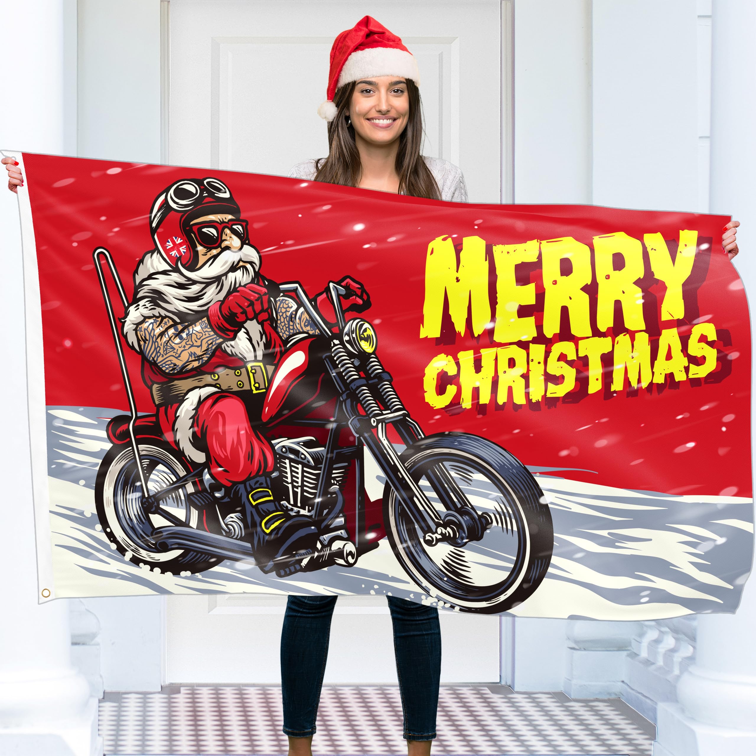 Christmas Flag 5ft x 3ft with eyelets - Christmas Banner Santa Bike - Vivid Digital Print - 110Den Thick polyester - Double Seam