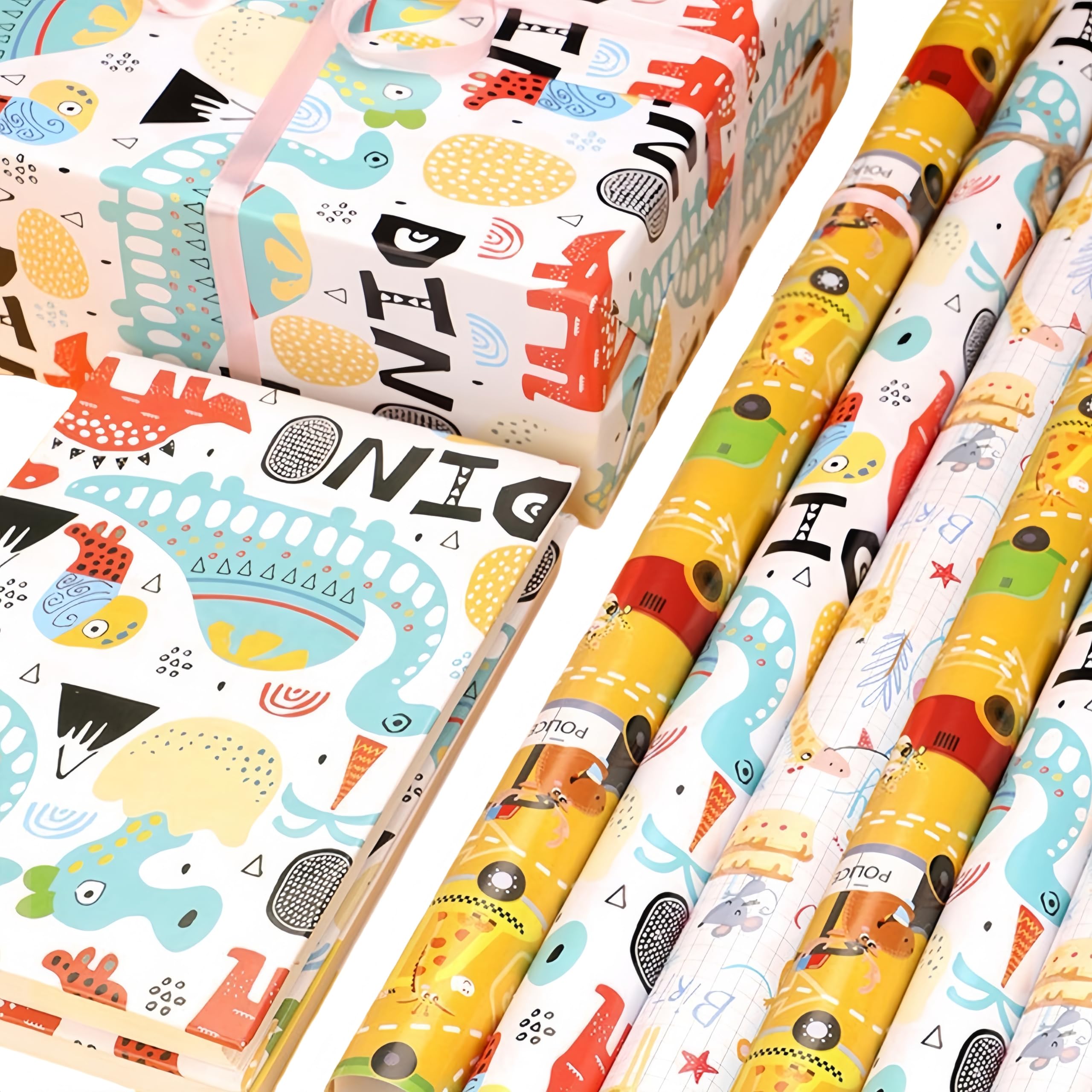 Pack of 12 Animal Dinosaur Kids Birthday Wrapping Paper Sheets 70cm x 50cm for Baby Boys and Girls Eco Friendly Kraft Gift Wrap Paper Present for Christmas