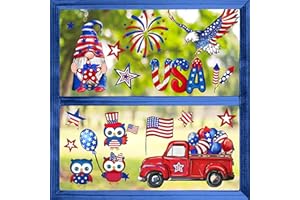 Yovkky 4th of July Gnome Owl Window Clings 9 Sheets, American Patriotic Eagle Truck Window Stickers Decal Decor, USA Independence Memorial Day Summer Holiday Window Glass Home Kitchen Decorations