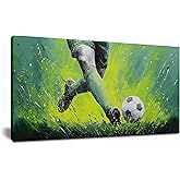 Tarfupth Large Football Wall Art for Living Room Soccer Player on Green Field Play Soccer Ball Canvas Prints World Cup Soccer Artwork for Bedroom Boys’ Room Office Kitchen 20x40 Inch