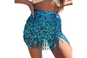 MUNAFIE Sequin Tassel Hip Scarf Sequin Tassel Skirts Rave Fringe Hip Scarf for Festival Belly Dance Skirt
