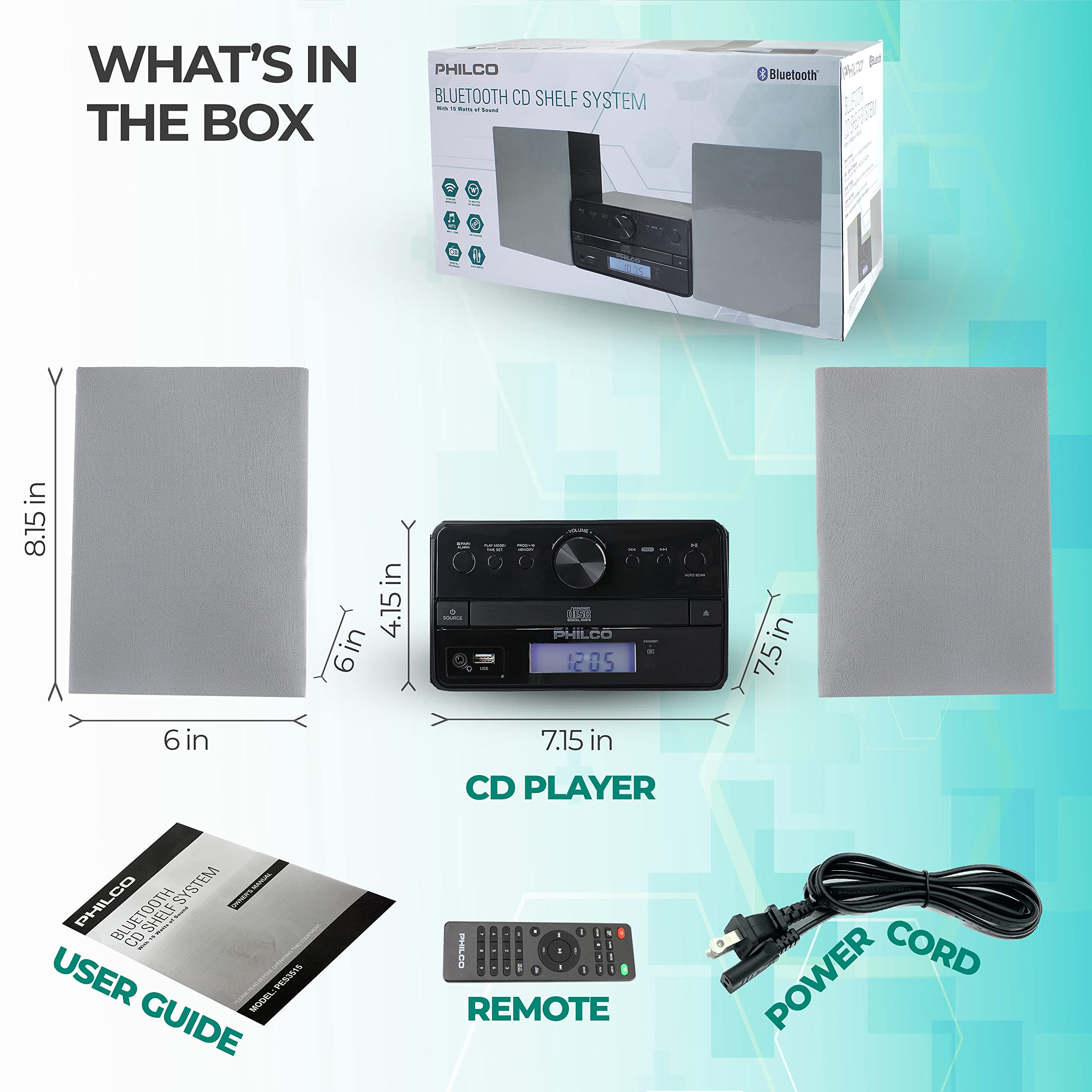 Philco Stereo Shelf Systems Tray Loading CD Player with Digital FM Radio, Bluetooth Streaming, Remote Control in Silver | LCD Display | 3.5mm Headphone Jack | MP3 & AUX Port Compatible | USB Input