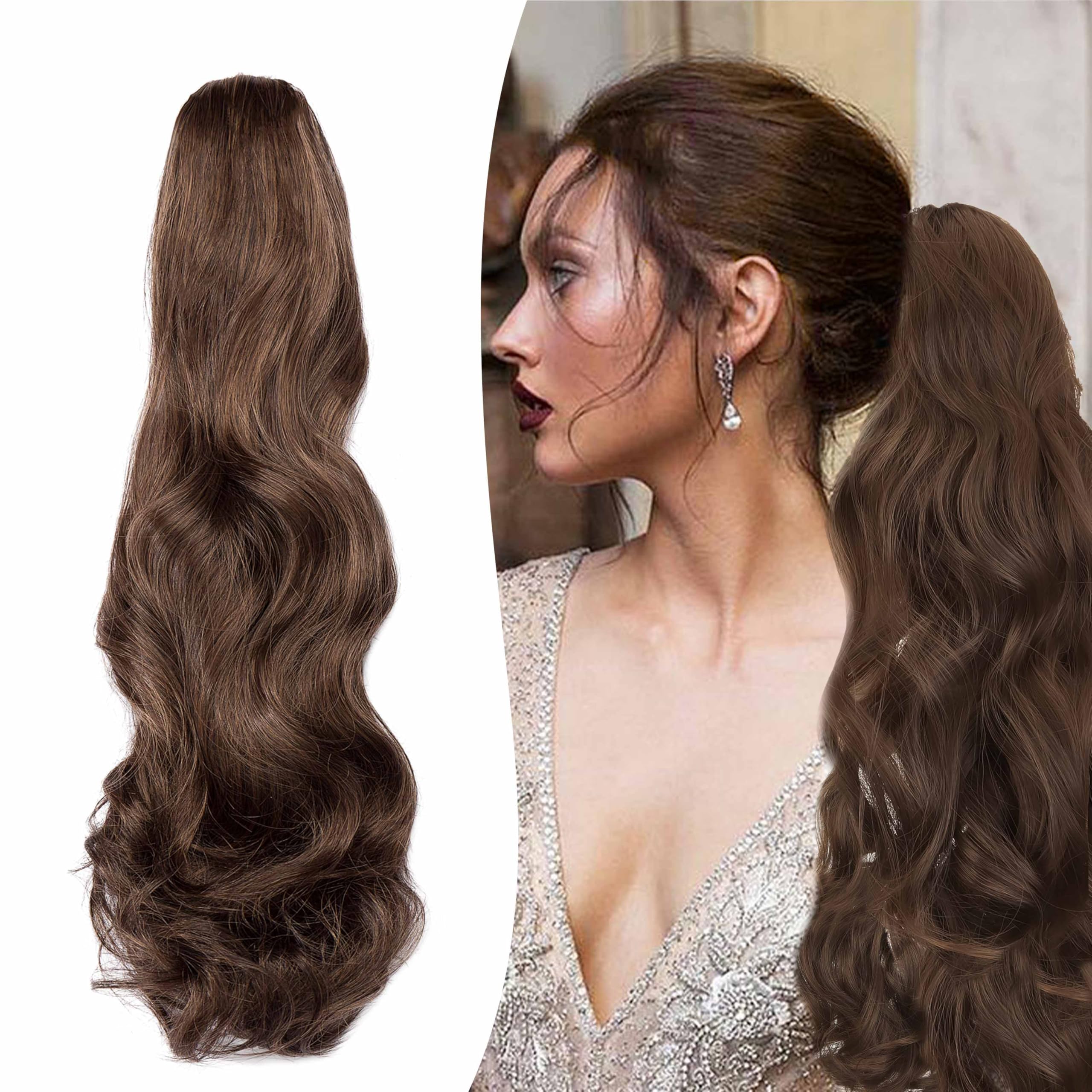 Gairyan 20inch Ponytail Extension Clip in Ponytail Hair Extensions Curly Wavy Pony Tails Claw on Ponytail Long Wave Synthetic Hairpieces for Women Soft Real Look (Dark Brown & Light Auburn)