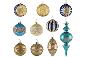 Valery Madelyn Glass Christmas Ornaments Set, 10ct Blue and Gold Hanging Ornaments for Christmas Trees, Mercury Luxury Xmas Decorations Ball Ornaments Bulk for Holiday Decor