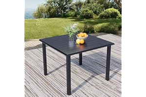 Seekverse 37.8'' Square Outdoor Patio Table with Adjustable Umbrella Hole, Metal Slatted Garden Dining Table with E-Coating for Yard, Bistro, Black