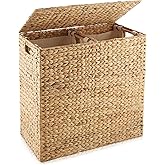 Casafield 2-Section Laundry Hamper with Removable Liner Bags - Natural, Woven Water Hyacinth Double Laundry Basket Sorter for Clothes and Towels