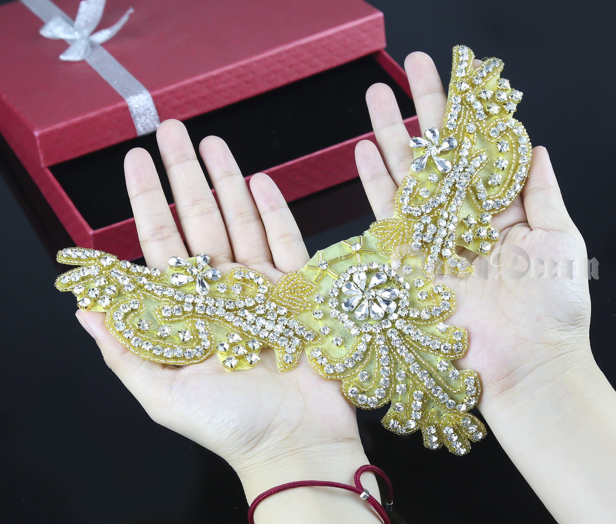 Gleaming Wedding Applique Crystal Gold Rhinestone Iron On Patch Bridal Applique