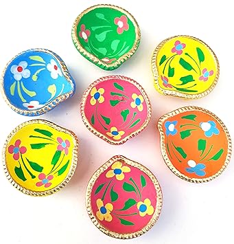 Urvi Creations Set of 7 Handmade Traditional Clay Mitti Diya Oil Lamps for Pooja Candle for Diwali Decoration & Gift - Multi Colour