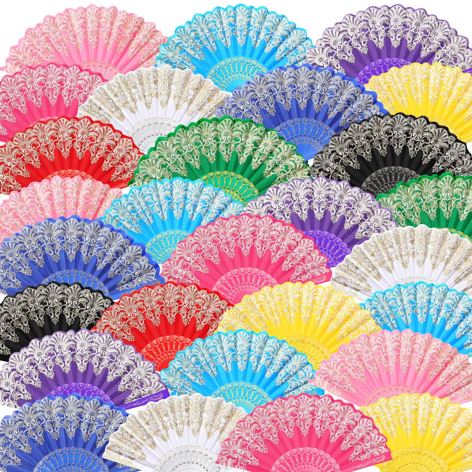 Photo 1 of Geetery 50 Pcs Folding Chinese Hand Fan Bulk Different Flower Patterns Fabric Clacking Fans for Line Dancing for Popping Wedding Church Party(Gold Dust,Fresh)