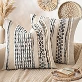 ANRODUO Pack of 2 Boho Decorative Throw Pillow Covers 18x18 Farmhouse Cushion Case Striped Chenille Pillow Cases Square Pillow Covers Accent Neutral Pillowcase for Sofa Couch Bed, Gray Blue Stripe