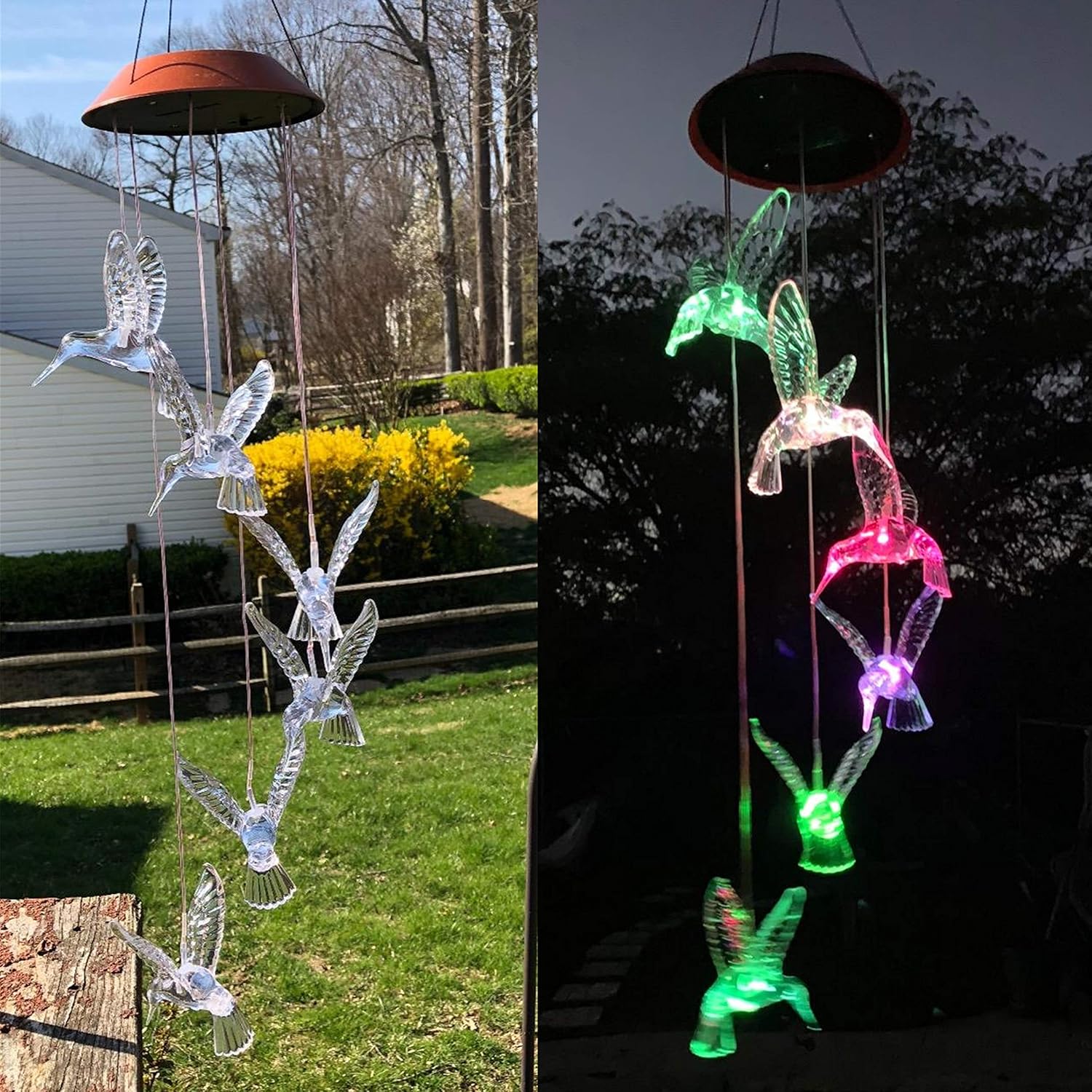 IMAGE Wind Chimes Solar Hummingbird Wind Chime Color Changing Lights Outdoor Solar Lights Hanging Decorative Garden Lights Xmas Gifts for Decor Home Garden Patio Yard Indoor Outdoor : Garden & Outdoor