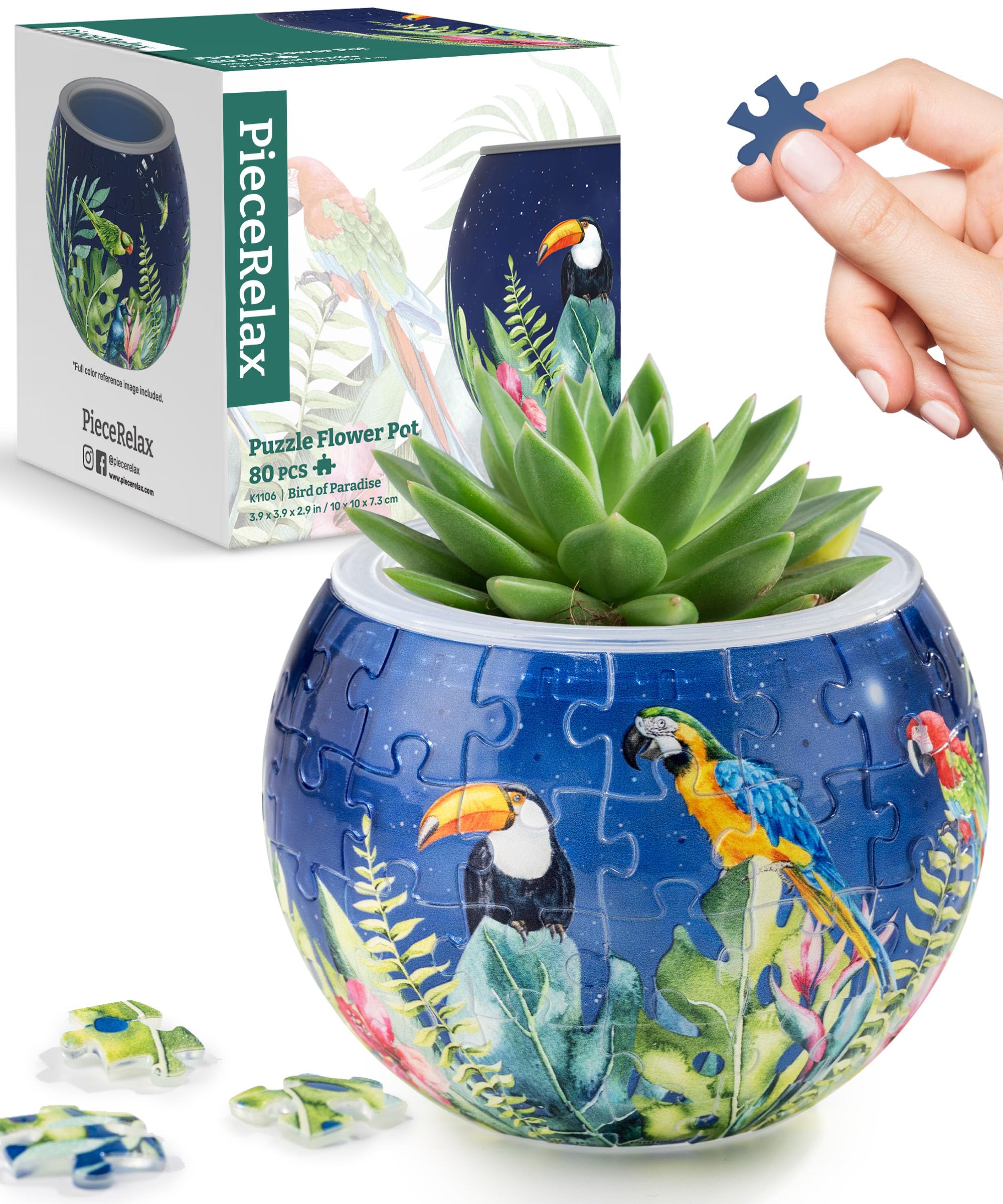 PieceRelax 3D Puzzle Planter - Bird of Paradise - Small Round Plant Pots with Drainage, Home Decor Flower Pots for Indoor Cactus, Succulents Pots, Creative Gift for Mum and Women [K1106] — image 1