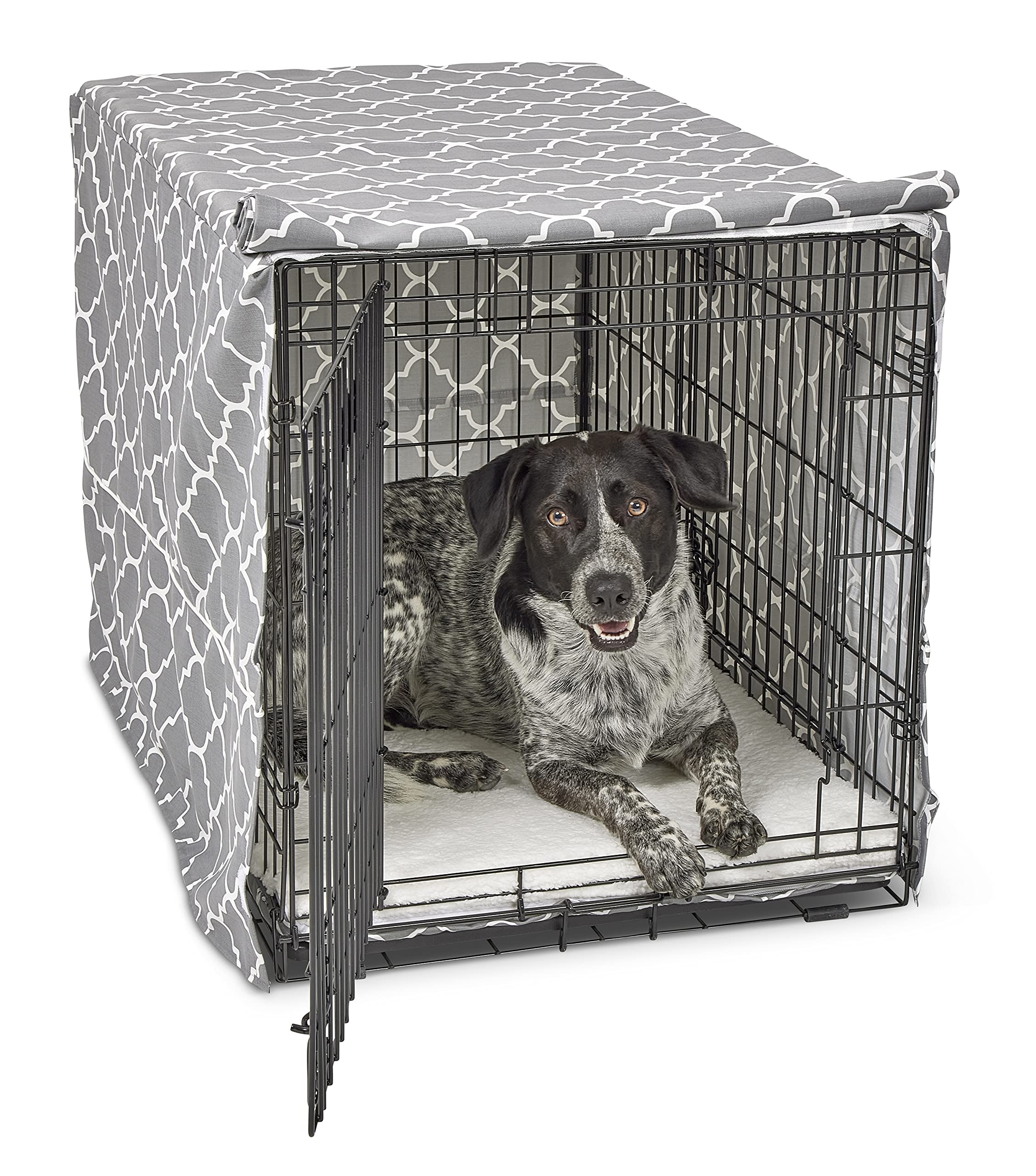 New World Intermediate Dog Crate Cover Featuring Teflon Fabric Protector, Poly-Cotton Privacy Kennel Cover Fits Most 91cm Crates, Gray Designer Print, Machine Washable, Reduces Barking