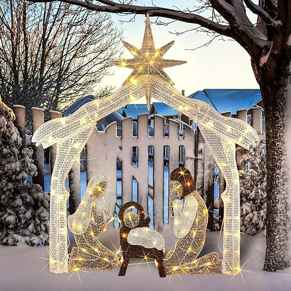 HOURLEEY 4FT LIGHTED CHRISTMAS NATIVITY SCENE, CHRISTMAS OUTDOOR DECORATIONS WITH 120 COUNT PRE-LIT WARM WHITE LIGHTS, HOLY FAMILY FOR XMAS OUTSIDE YARD GARDEN HOLIDAY DECOR