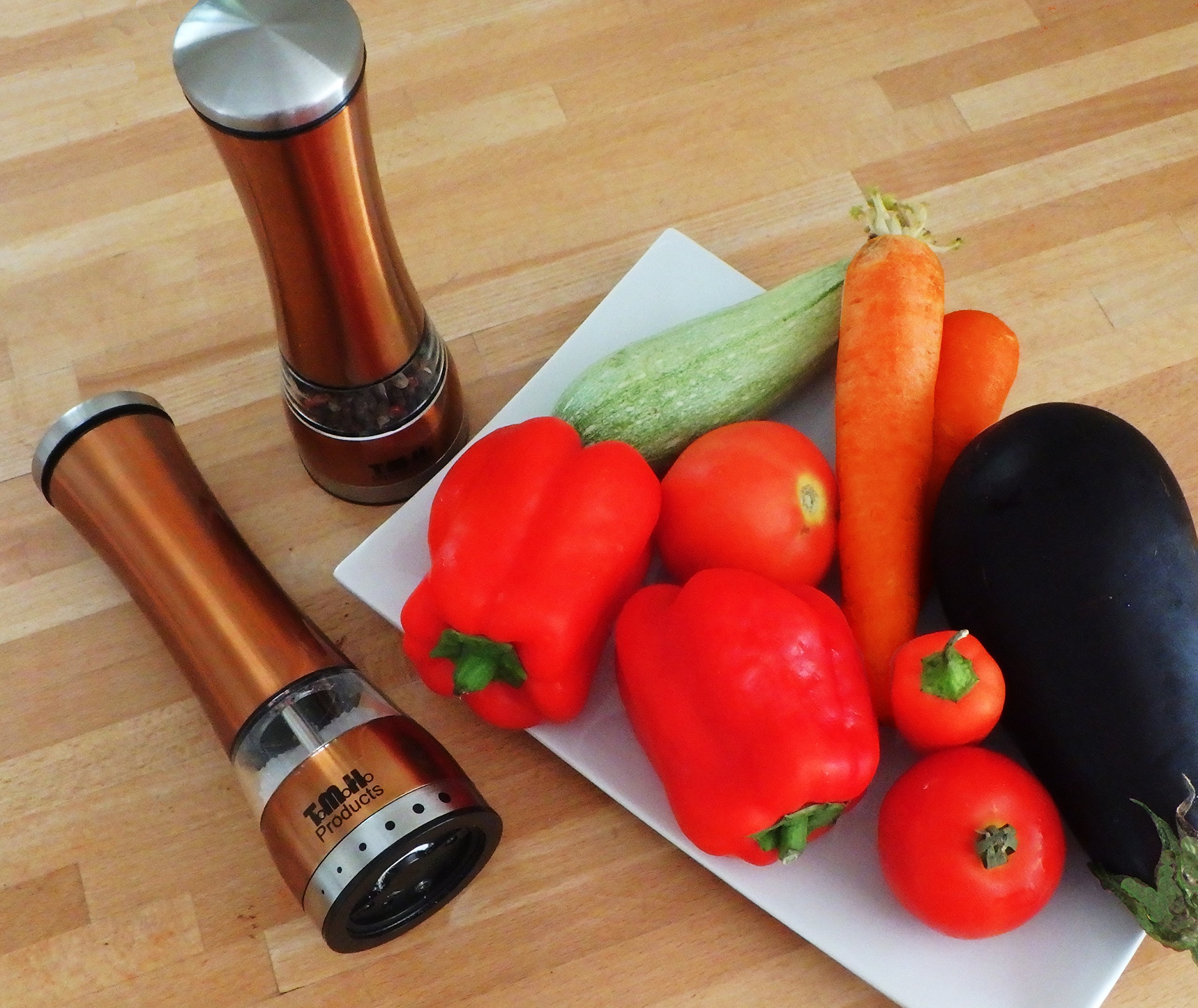 Electric Salt & Pepper Grinder Set by T.M.H. Products | Adjustable Grinder Mills, Simple to Use with Strong & Durable Mechanism | Polished Stainless-Steel | Brushed Copper Color and Built-In LED Light