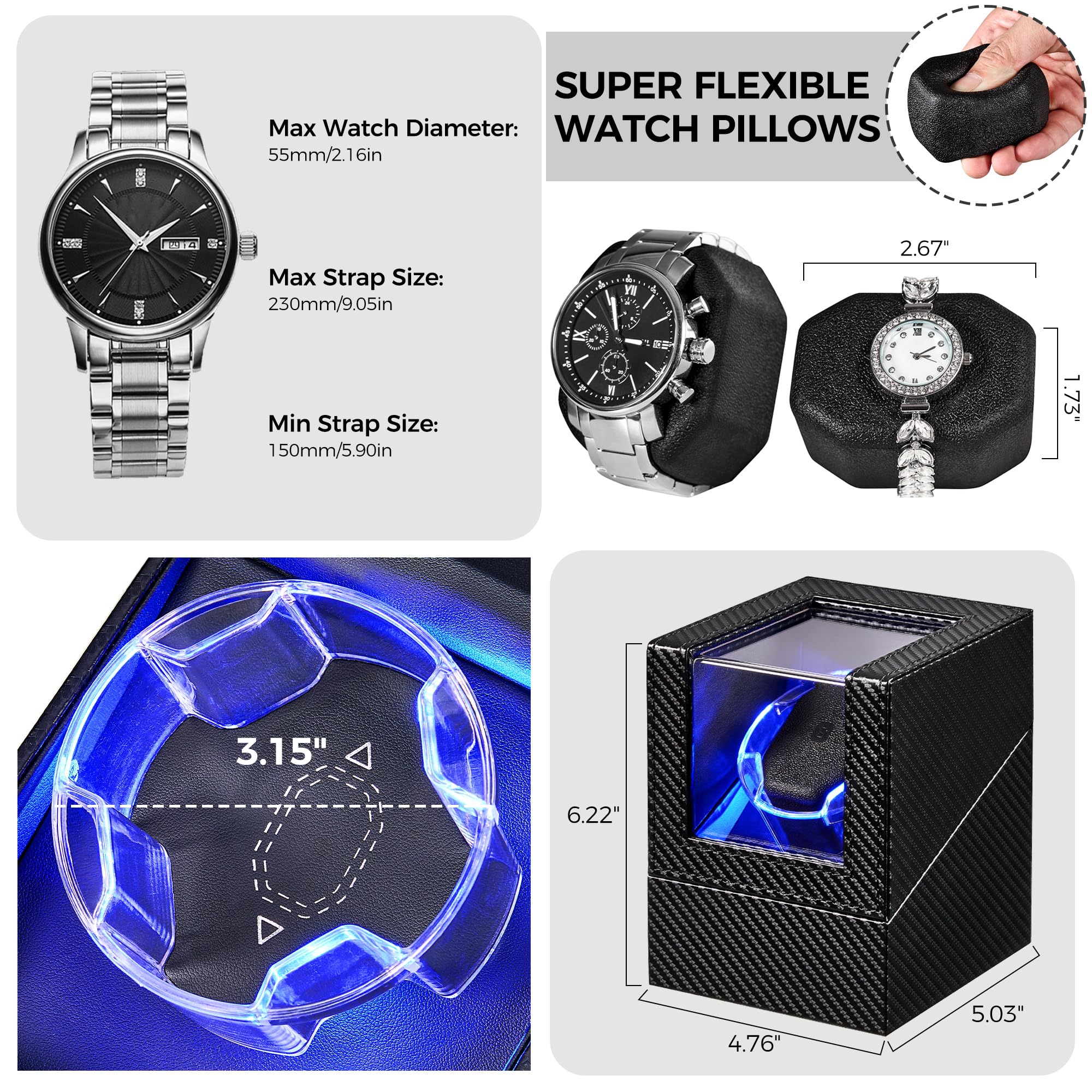 ANWBROAD ANWBROAD Watch Winder for Automatic Watches, 4 Modes Double Automatic Watch Winder box with LED Crystal Design, Rotating Watch Case with Super Quiet Motor with Type-C Adapter