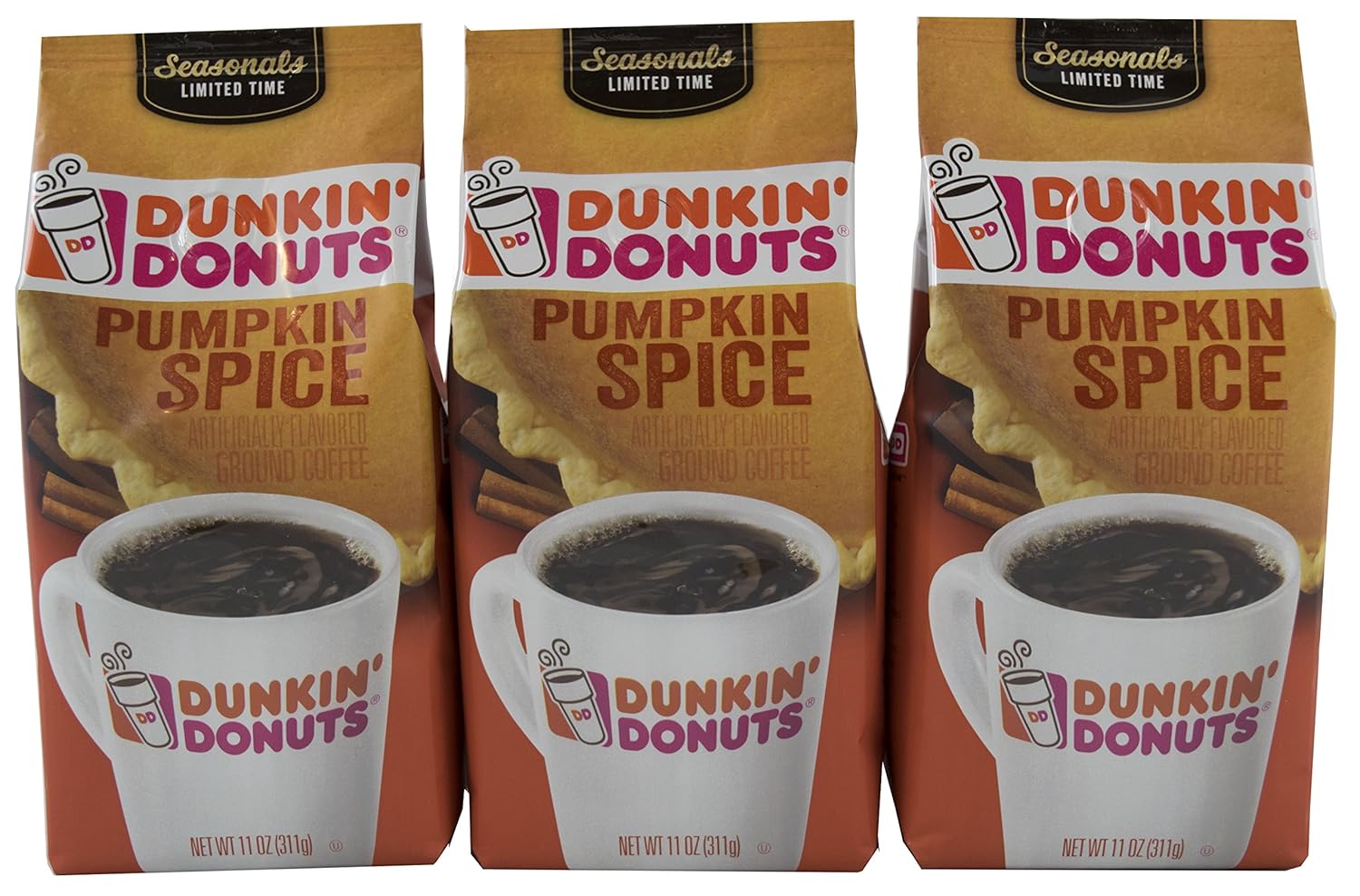 Amazon Com Dunkin Donuts Ground Coffee Pumpkin Spice 11 Ounce Pack Of 3 Grocery Gourmet Food