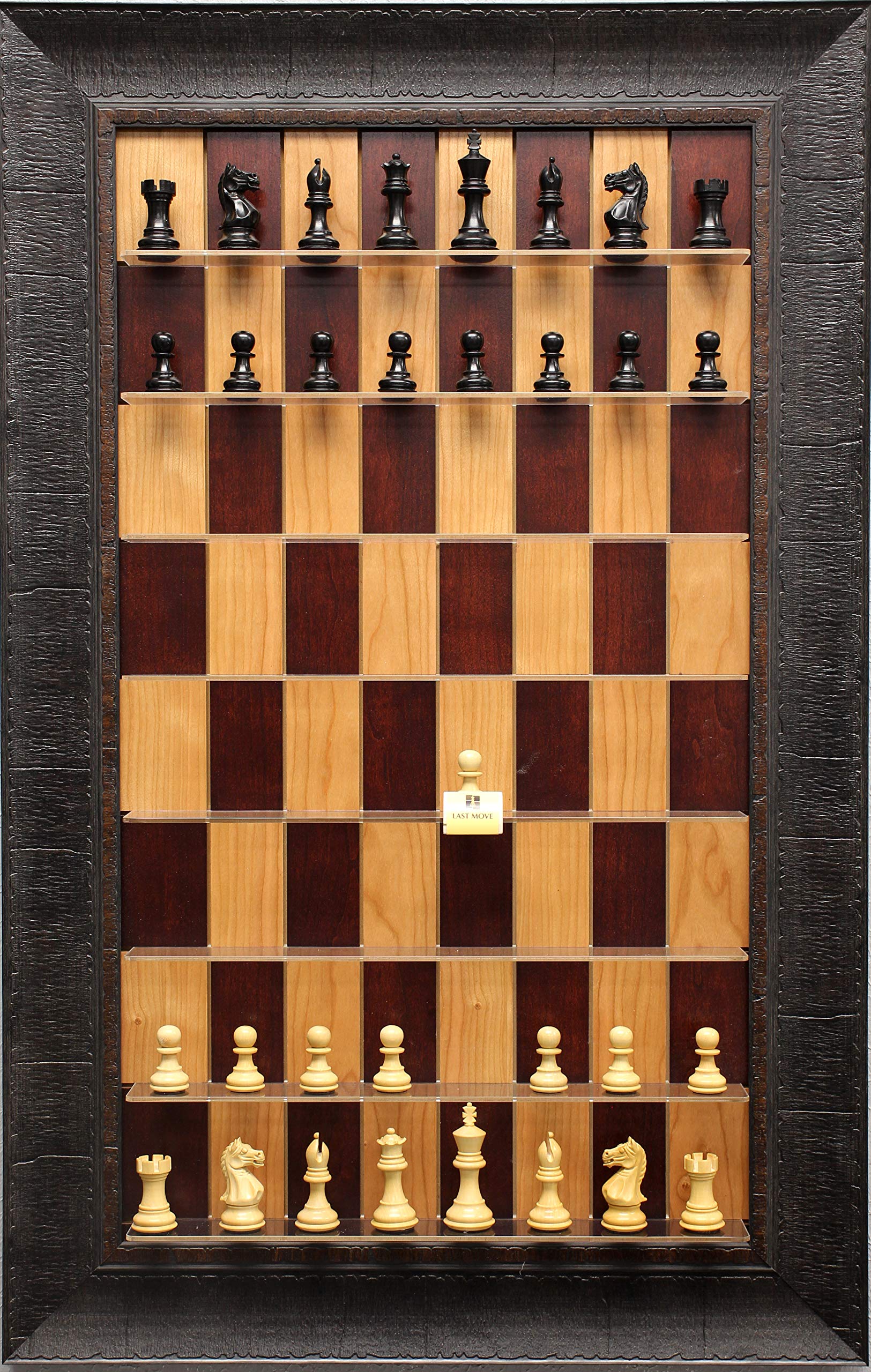 Supreme Chess pieces on Red Cherry Straight Up Chess set with Rustic Brown Frame