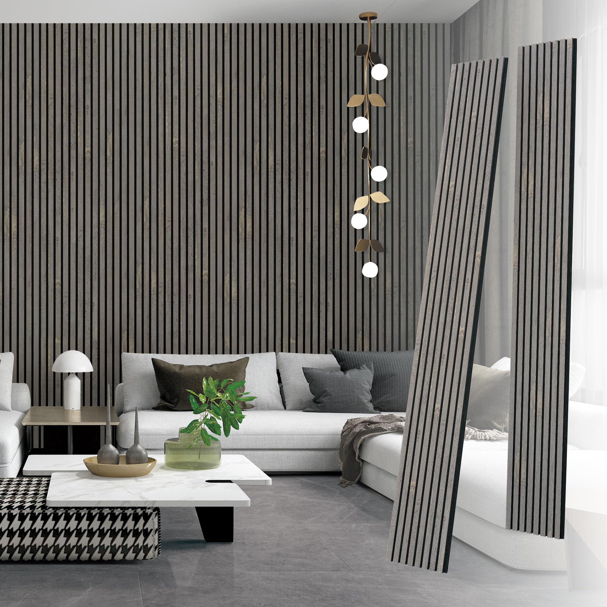 Photo 1 of Wood Acoustic Slat Panels, 2 Pieces 3D Fluted Soundproof Panel for Interior Wall and Ceiling Decor, 94.5 × 12.6 inch, Vintage Smoked Oak