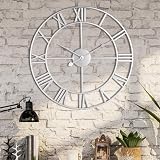 HAITANG Vintage Silver Wall Clock 40cm Roman Numerals Quiet Battery Operated view 5