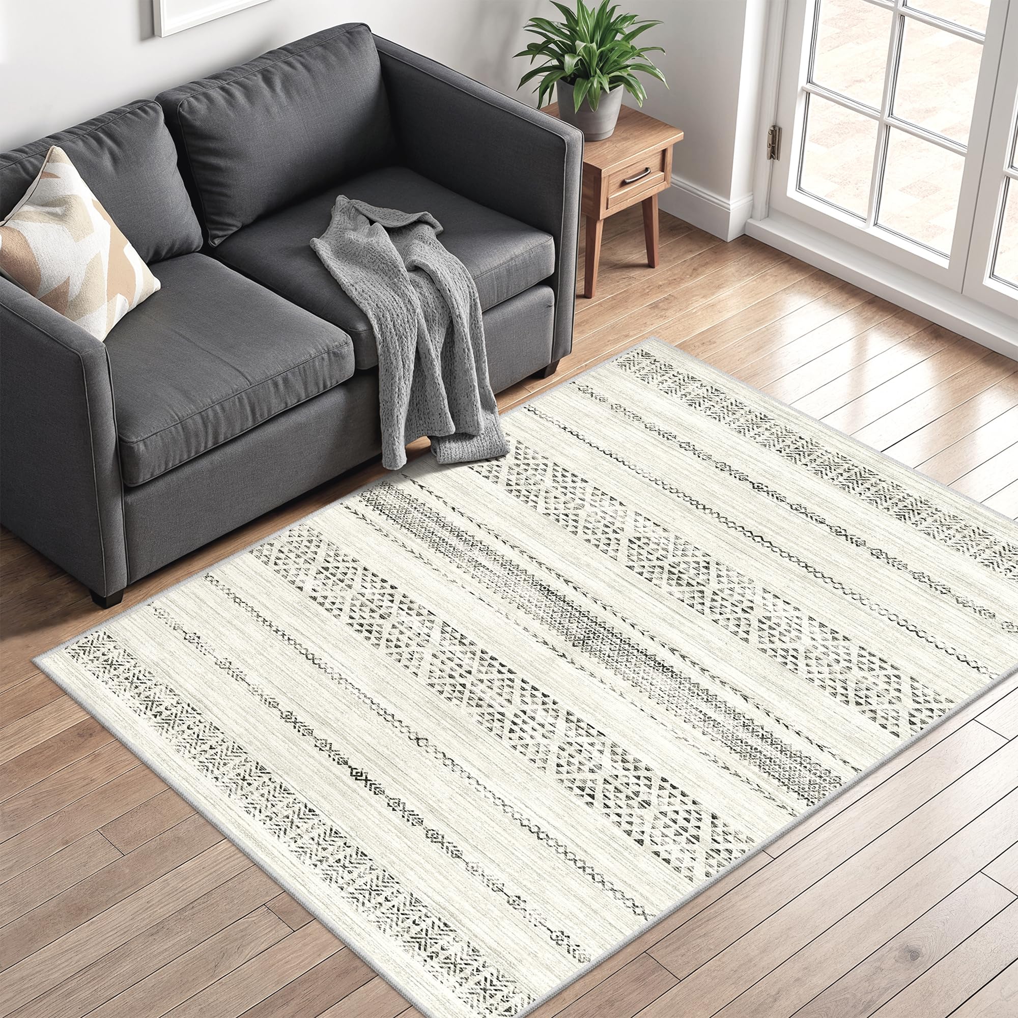 3x5 Washable Rug Moroccan Small Entryway Rug Non Slip Indoor Floor Carpet Foldable Thin Rugs for Kitchen Bedroom with Low Pile(Grey,3'x5') Image