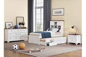 Merax 3 Pieces Modern Framhouse Wood Bedroom Set - Twin Size Captain Bed with Trundle, Nightstand with 3 Drawers, Tall 6-Drawer Dresser White+Walnut