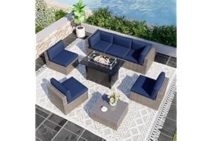 GREEN4EVER 8 Pieces Outdoor Patio Furniture Set with 43" Fire Pit Table, Wicker Outdoor Patio Sectional Sofas Coffee Table, All-Weather Patio Conversation Set with Cushions for Garden Backyard, Navy Blue