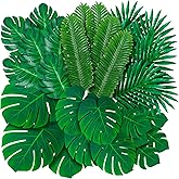 108 Pack Palm Leaves Artificial Tropical Monstera - 6 Kinds Large Small Green Fake Palm Leaf with Stems for Safari Jungle Hawaiian Luau Party Table Decoration Wedding Birthday Theme Party Decorations