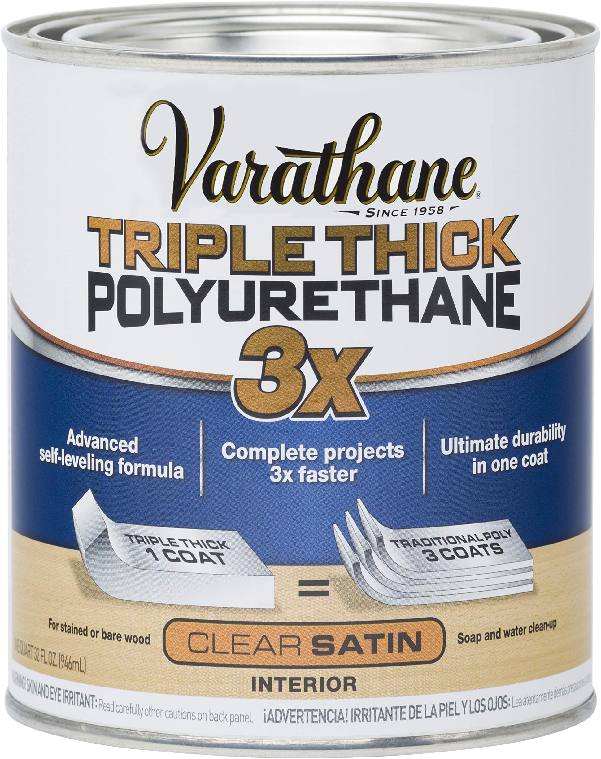 Rust-Oleum 284473 Varathane Triple Thick Polyurethane Clear Wood Varnish/Finish (Water-based | Satin Clear | 946 ML)