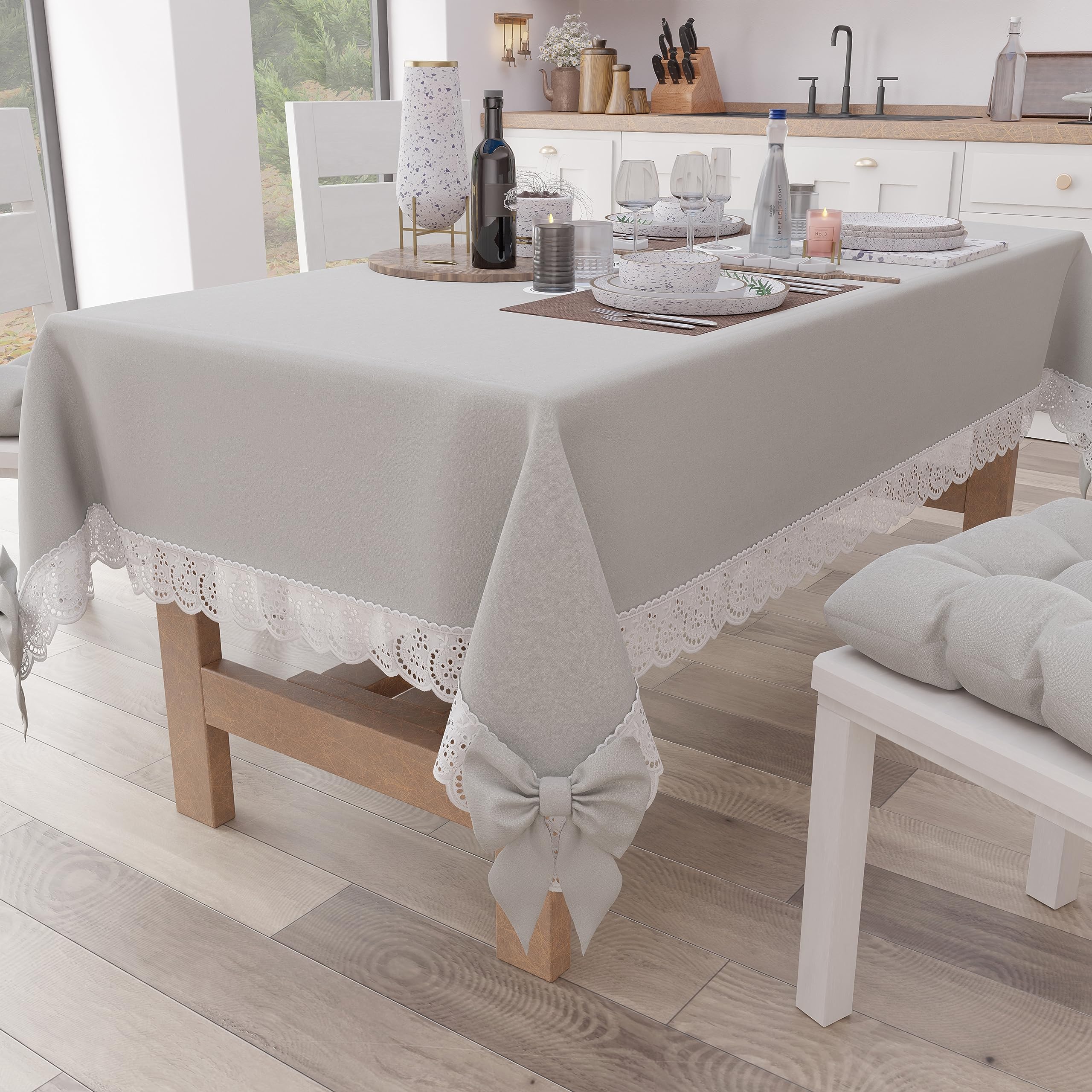 PETTI Artigiani Italiani - Tablecloth, Table Cloth, Rectangular Kitchen Tablecloth with Sangallo Lace and Bows, Plain Cotton Table Cover, X6 Seater (140 x 180 cm) Light Grey