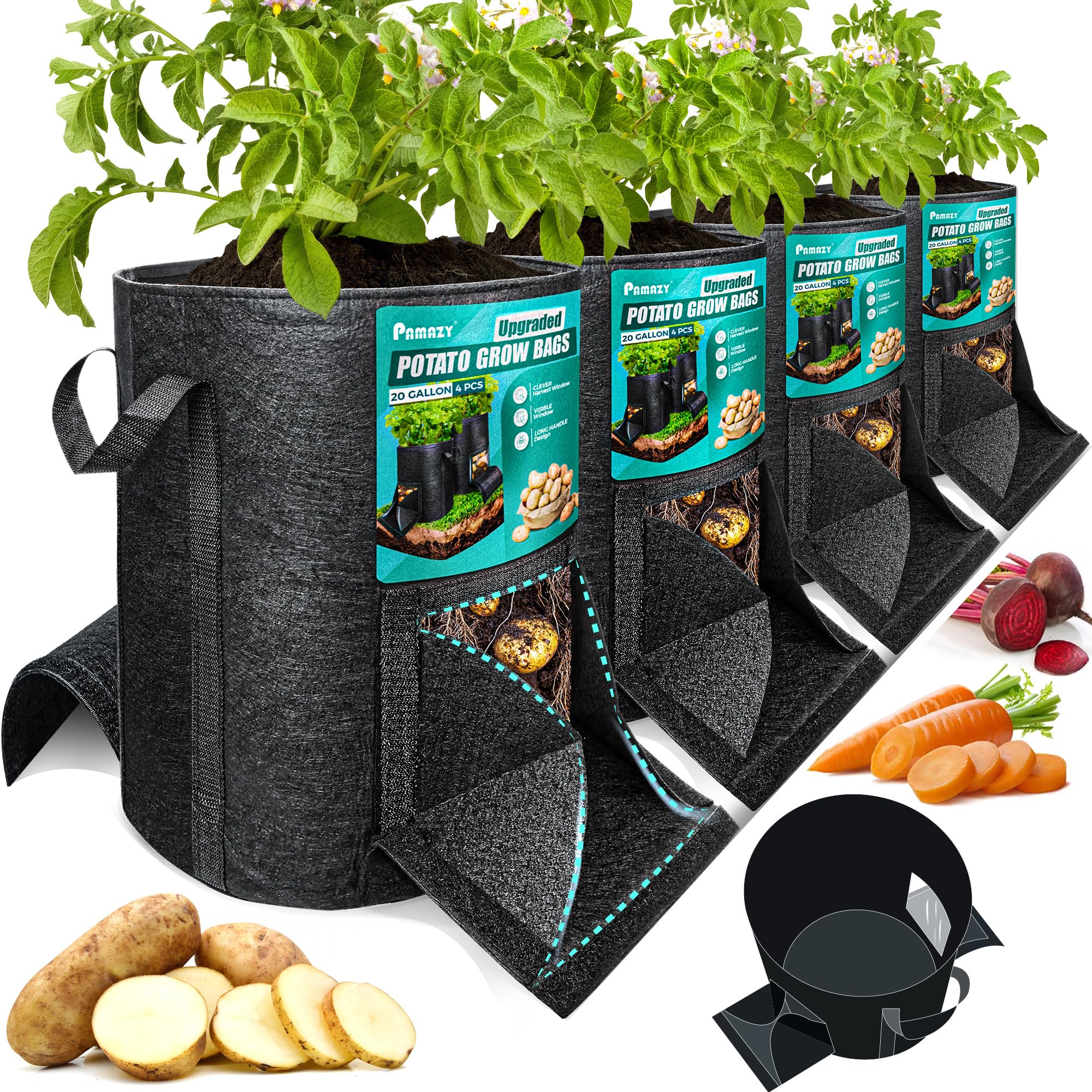 Photo 1 of [Upgraded] 4PCS 20-Gallon Potato Grow Bags with Unique Harvest Window, Visible Window, Garden Planting Bag with Reinforced Handle, Nonwoven Fabric Pots for Tomato, Potato Growing Container - Black