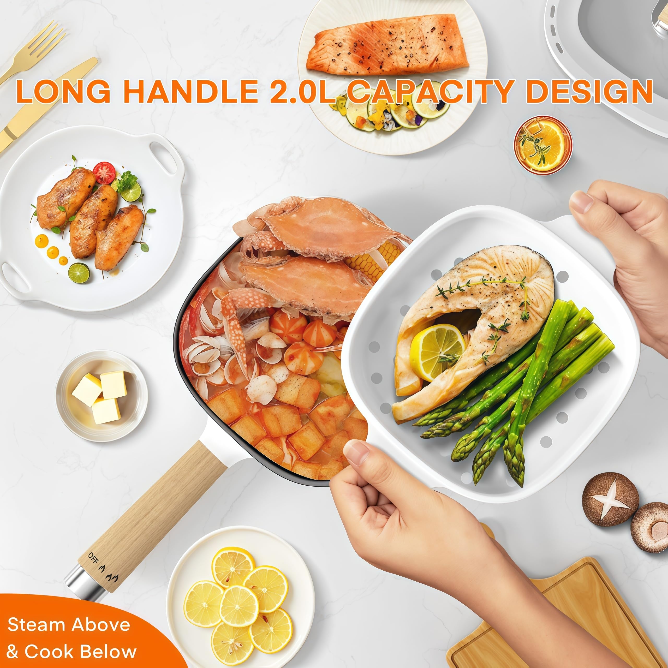 Audecook Hot Pot Electric 2L, Cermic Glaze Non-Stick Frying Pan 8 Inch, Portable Travel Cooker for Ramen/Steak/Fried Rice/Oatmeal/Soup, with Dual Power Control (Silicone Spatula Included)