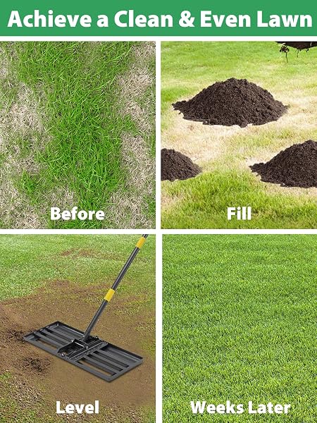 LAWN LEVELING RAKE HEAVY DUTY, 30X10 IN LARGE SOIL LEVELING RAKE, GROUND LEVELER WITH ANTI FLIPPING SMOOTH EDGE FOR DIRT SAND GRASS GOLF, 58″ LONG HANDLE, FOLDABLE GARDEN LANDSCAPING LEVELAWN TOOLS