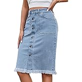 luvamia Women's Casual Mid Rise Button Down Frayed Raw Hem Denim Jean Midi Skirt
