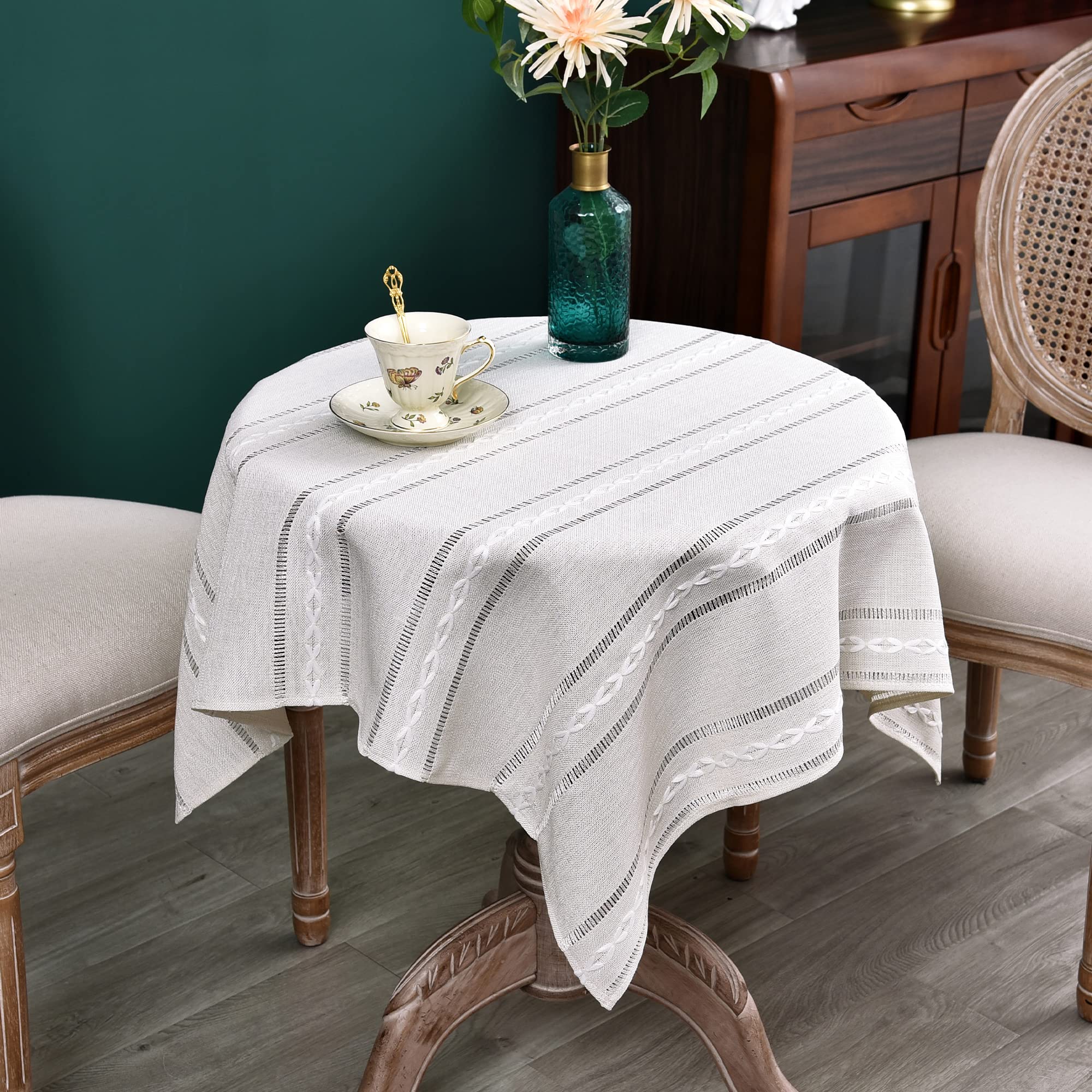 NEWISHER Rustic Farmhouse Embroidered Small Square Tablecloth, Jacquard Striped Table Cloth Washable Fabric Side Table Cover Kitchen Dining Home Decoration 92×92 cm