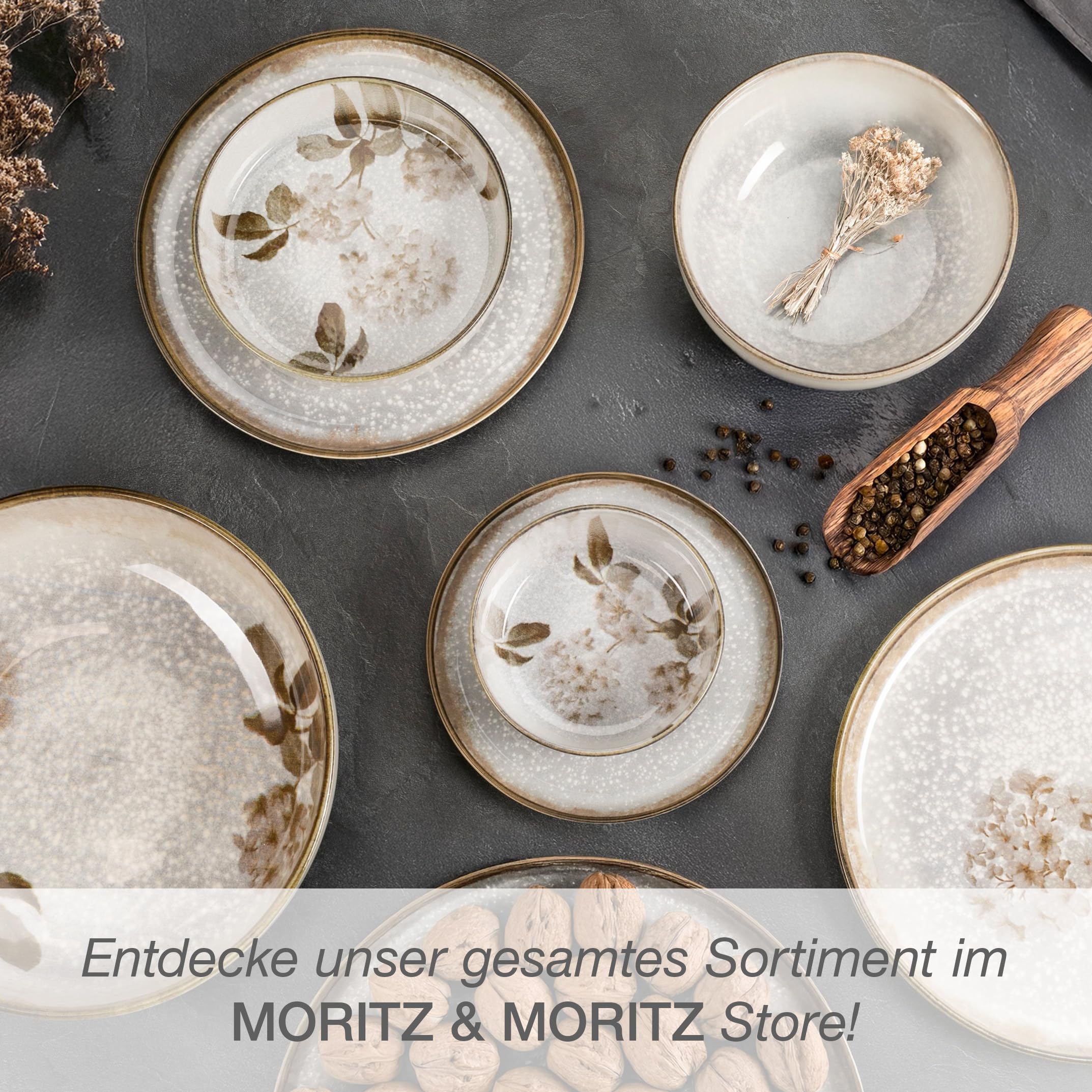 Moritz & Moritz BLOSSOM Porzellan Geschirrset 6 Personen 18-tlg. - Modernes Tafelservice mit verspieltem Design - Pflegeleichtes Kaffeeservice mit Teller Set & Schüsseln - Kombiservice 8
