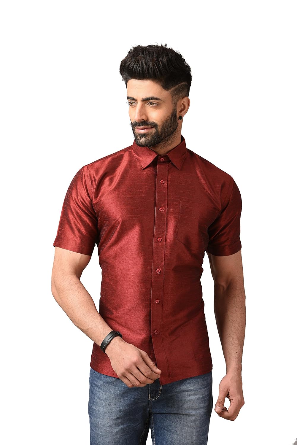 studio shringaar poly raw silk maroon mens short sleeve party shirt