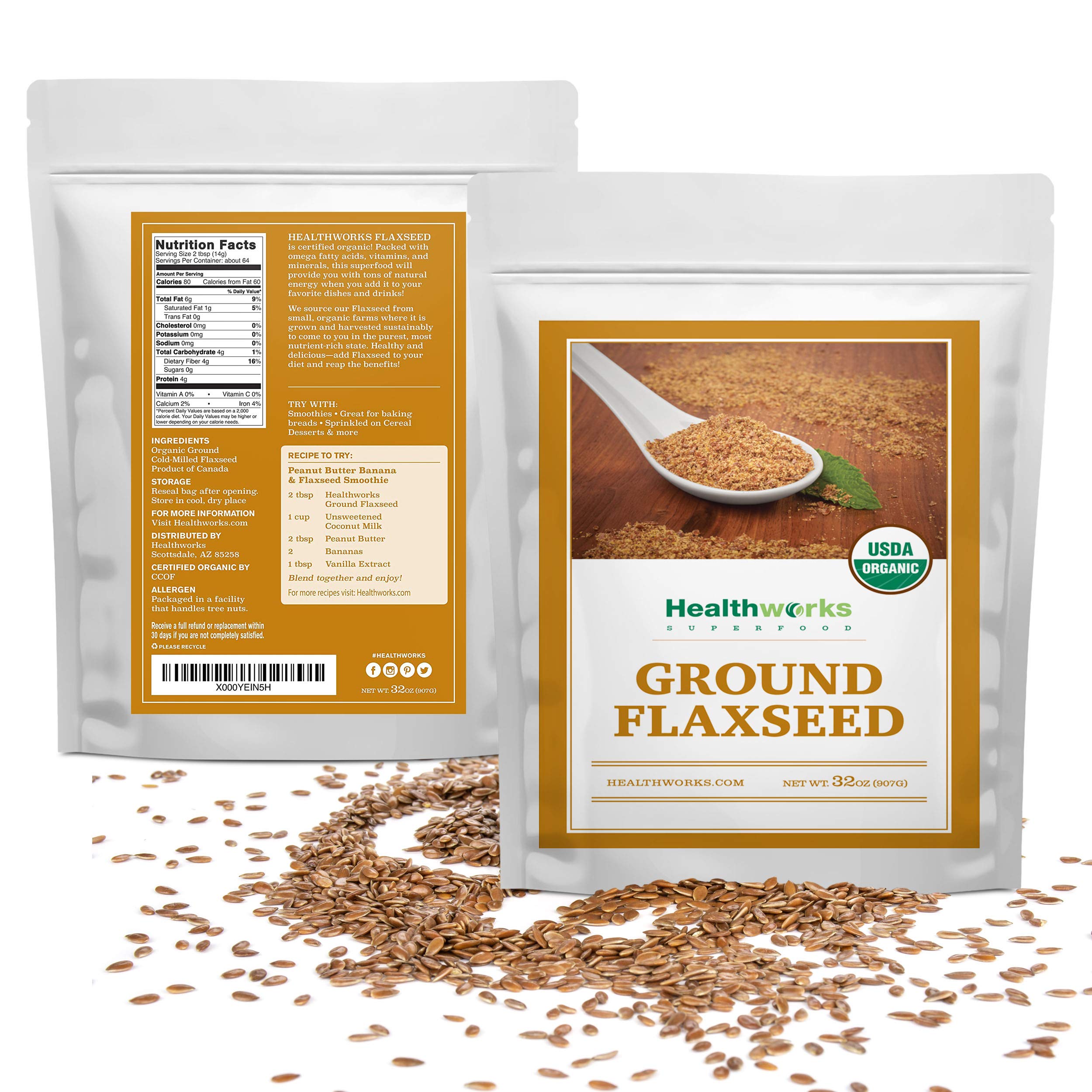 Healthworks Flax Seed Ground Powder Cold Milled Raw Organic (32 Ounces