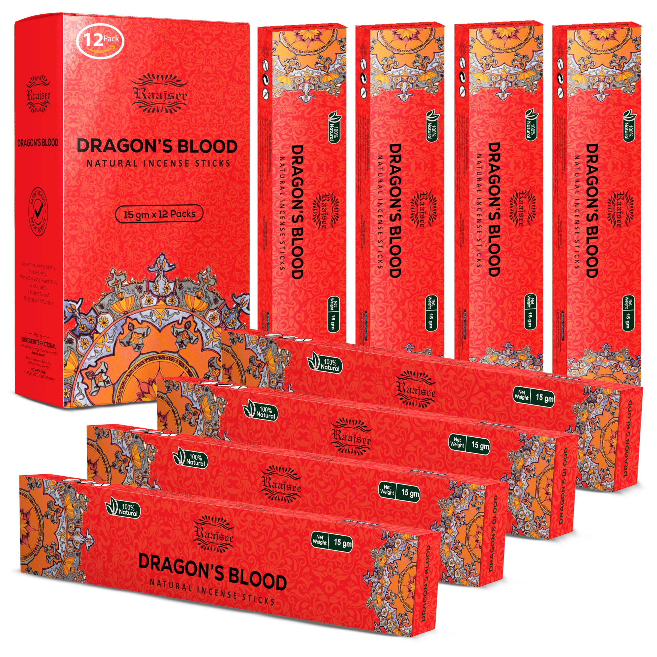 raajsee 15 GMS x 12 Pack Dragon Blood Incense Sticks,100% Pure Organic Natural Hand Rolled Free from Chemicals - Perfect for Aromatherapy, Cleansing,Meditation and Church