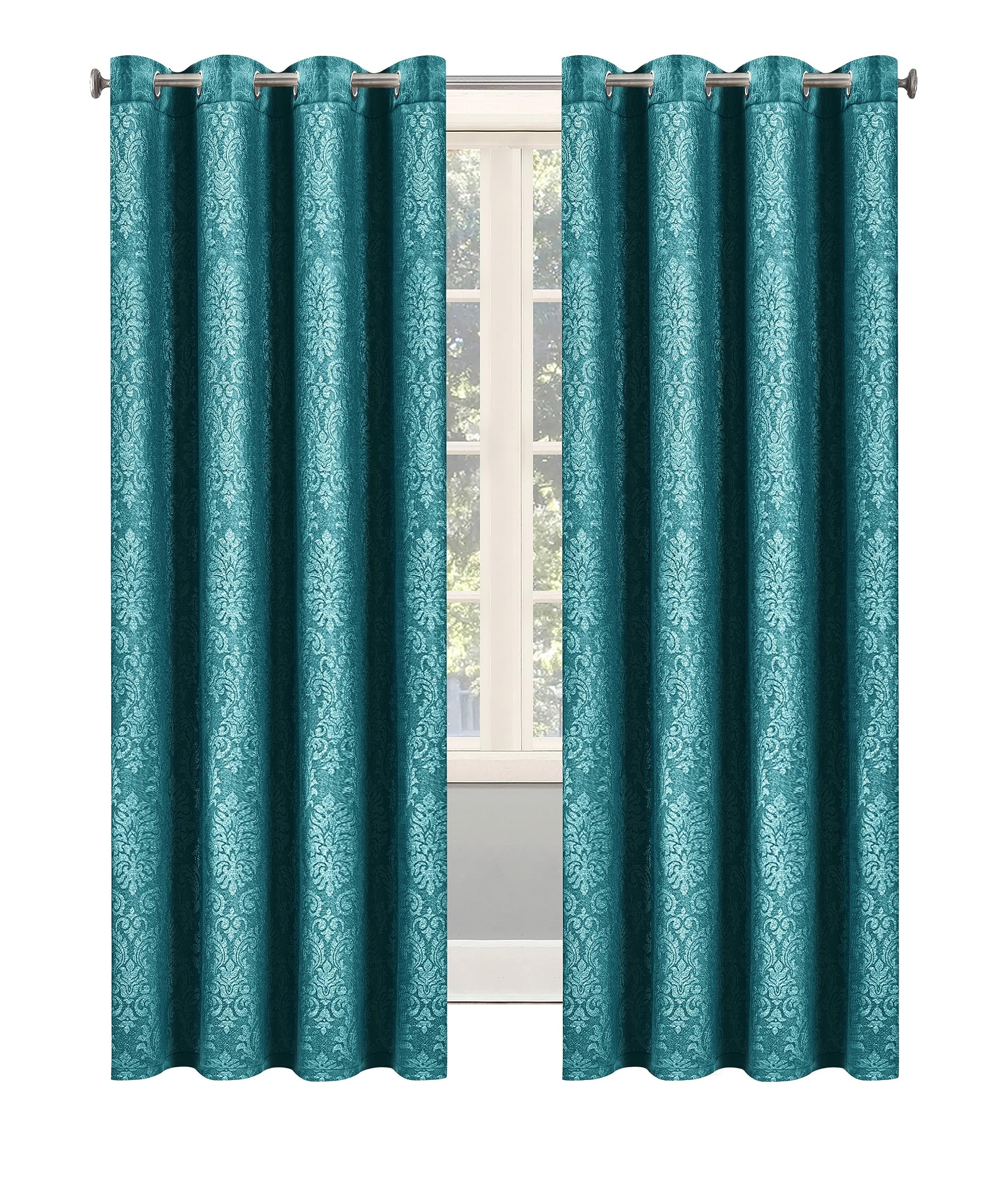 OpulentDreams Embossed Woven Thermal Curtains - Room Darkening Ring-Top Curtains for Bedroom & Living Room - Includes Tie Backs - Pair of Panels (Teal - Eyelet, 46" x 54" (116 x 137cm))