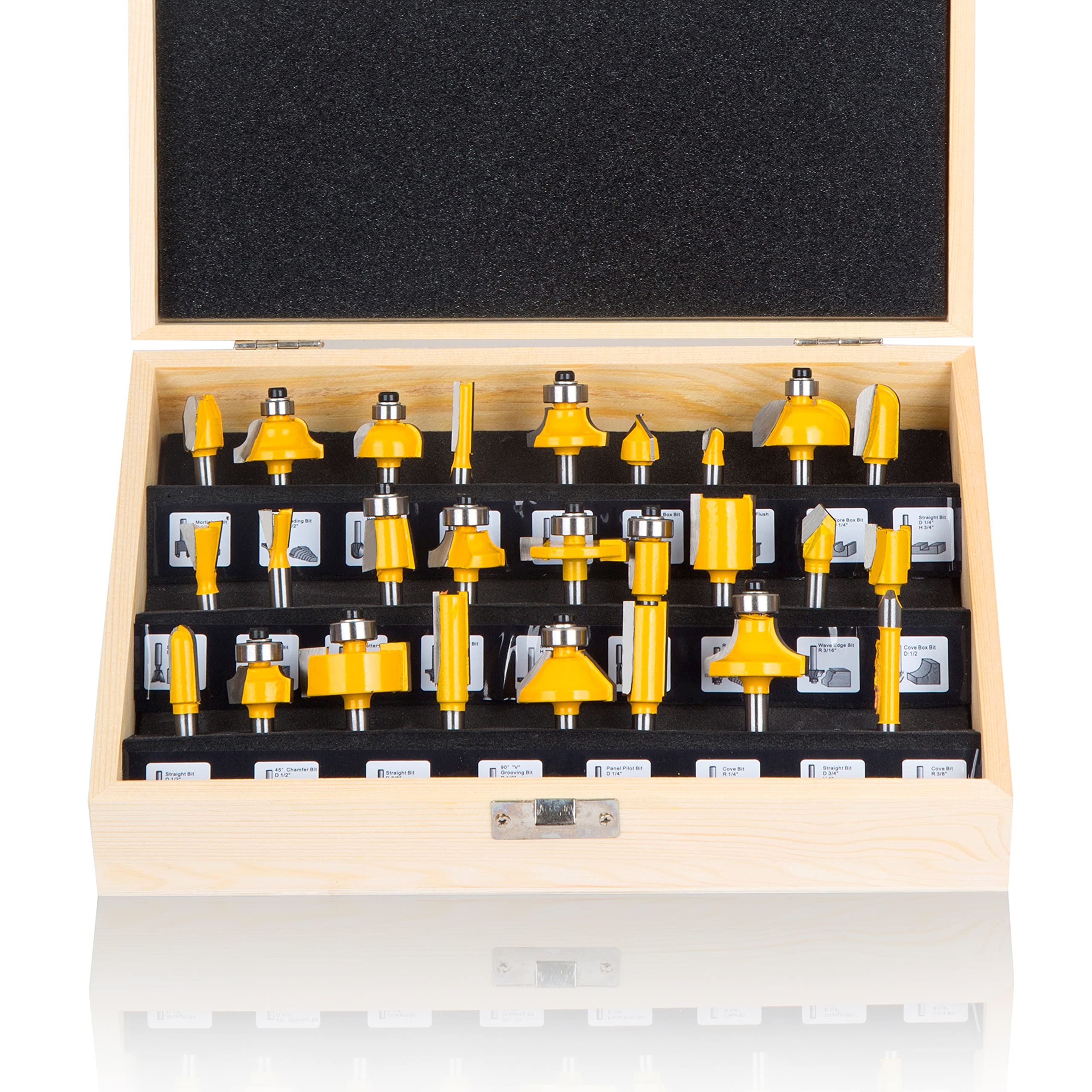 MAYLINE Router Bit Set 26PCS Door&Drawer Front Edging Bits 1/4 Inch Shank, Woodworking Miter Frame Crown Molding Router, Wood Milling Cutter Carbide CNC Cutting Tool (AD1-F)