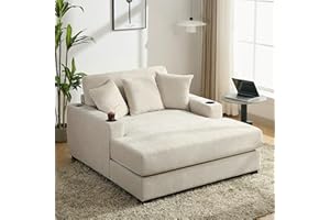BEDGJH 55" Oversized Chenille Fabric Chaise Longue Indoor, Modern Comfy Thicked Upholstered Sofa Couch with Pillows, Charge Station & Cup Holders, Comfy Reclining Sleeper Chair (Cream/55)
